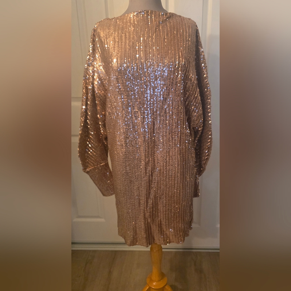 ZARA Rose Gold Gold Sequin Stretch Tunic Boat Neck Long Sleeve
